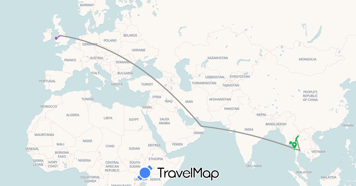TravelMap itinerary: driving, bus, plane, train in United Kingdom, Myanmar (Burma), Oman, Thailand (Asia, Europe)